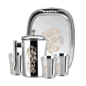 Stainless Steel Floral Water Jug Set With Glasses & Tray – 5 Pcs