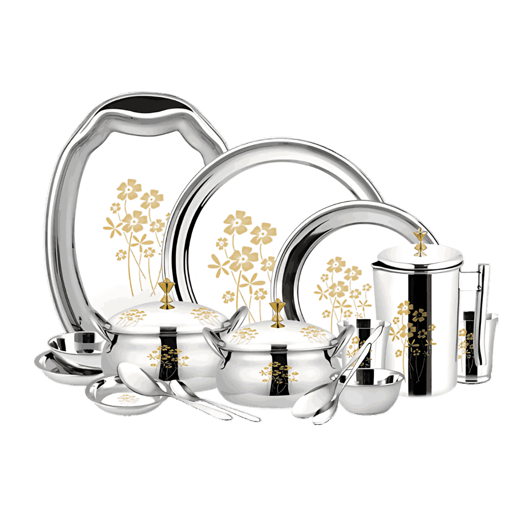 Stainless Steel Floral Design Dinner Set – 14 Pieces