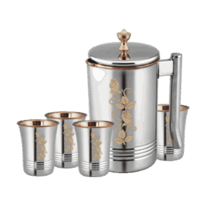 Stainless Steel Jug Set With 4 Glasses | Golden Rose Floral Design
