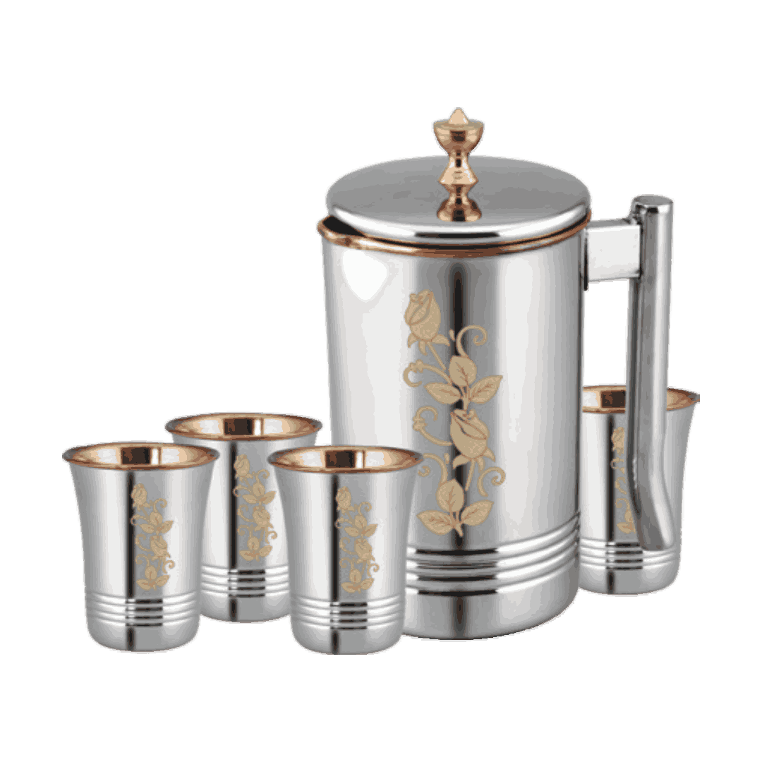 Stainless Steel Jug Set With 4 Glasses | Golden Rose Floral Design