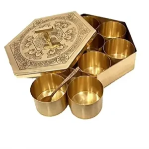 Pure Brass Hexagonal Spice Box With Lid & Spoon